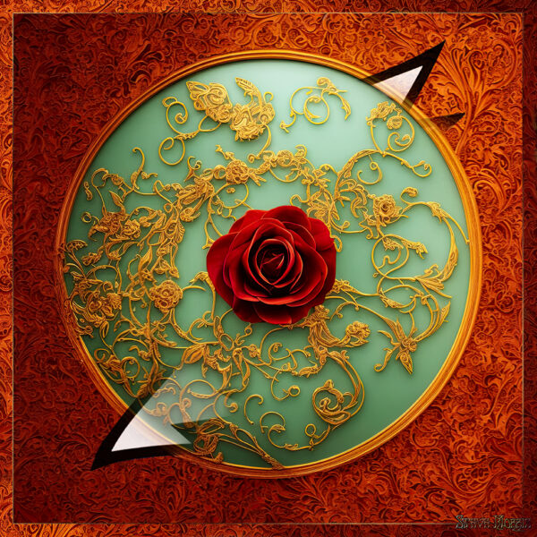 Red rose, gold filigree, and a lightning bolt evoke Grateful Dead iconography