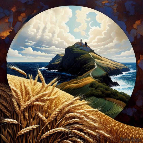 Image of a promontory, ocean, and wheat evocative of the Grateful Dead "Wake of the Flood" album cover