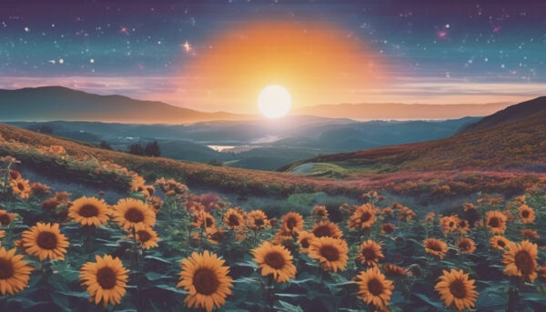 Beautiful landscape with risng sun and sunflowers